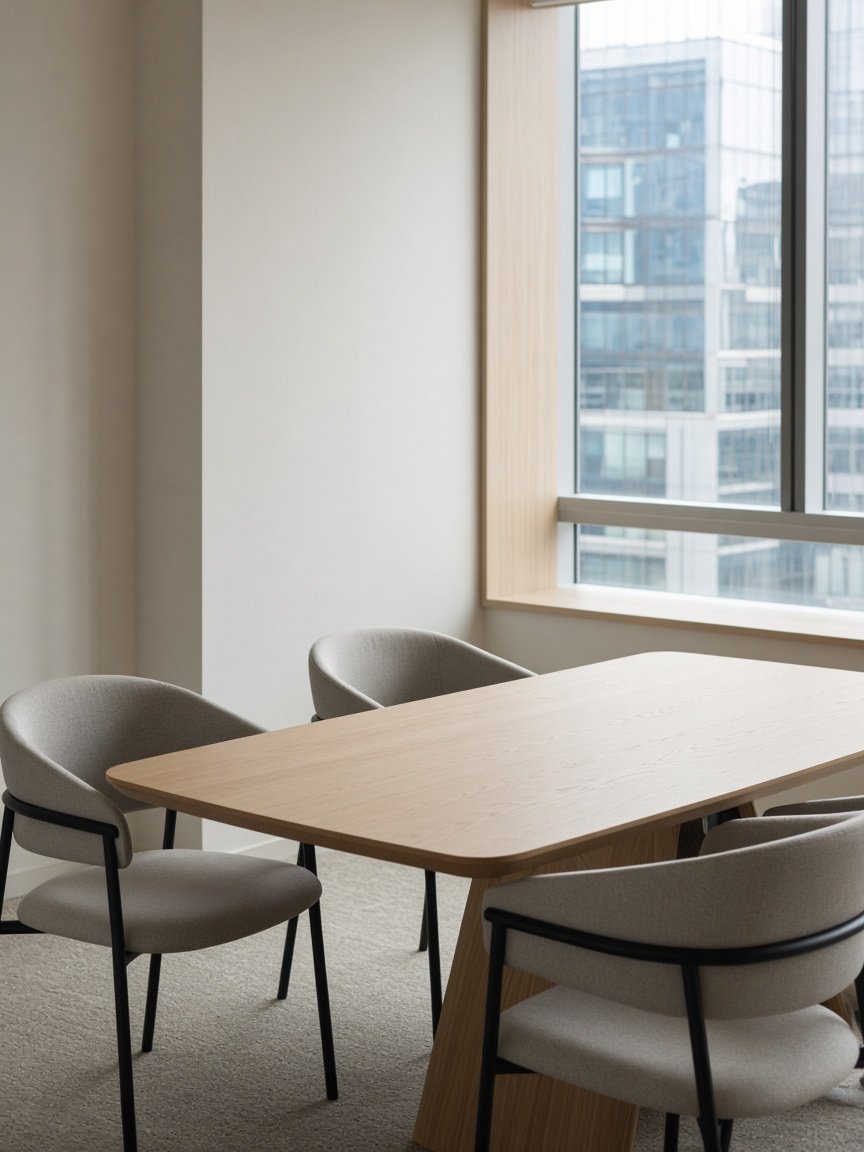Salle de réunion vide, table claire et grande fenêtre