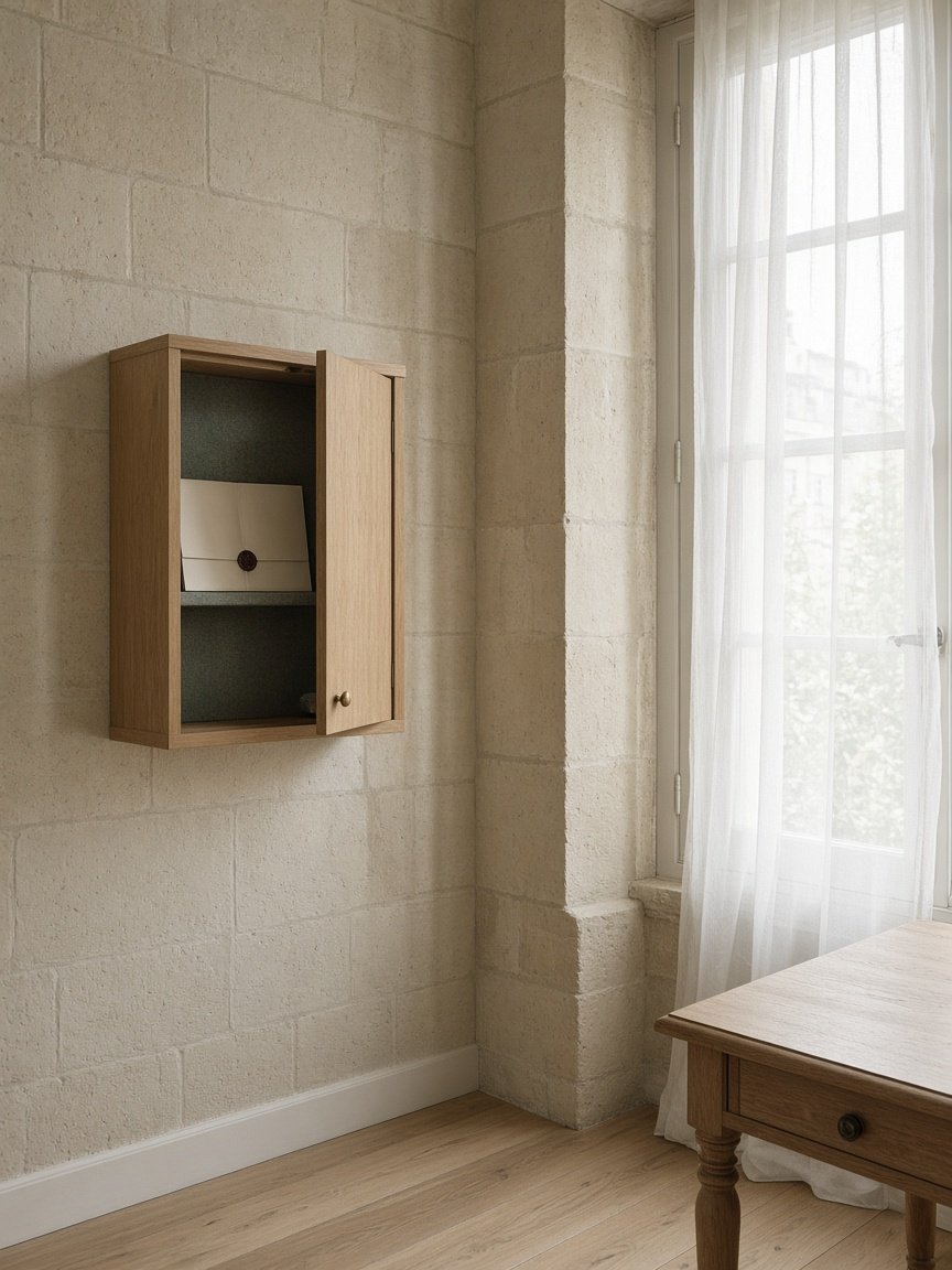 Coffret mural ouvert, enveloppe scellée à l’intérieur.