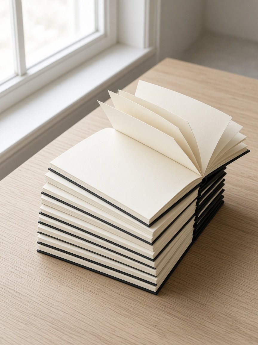 Pile de documents reliés, pages crème ouvertes sur un bureau.