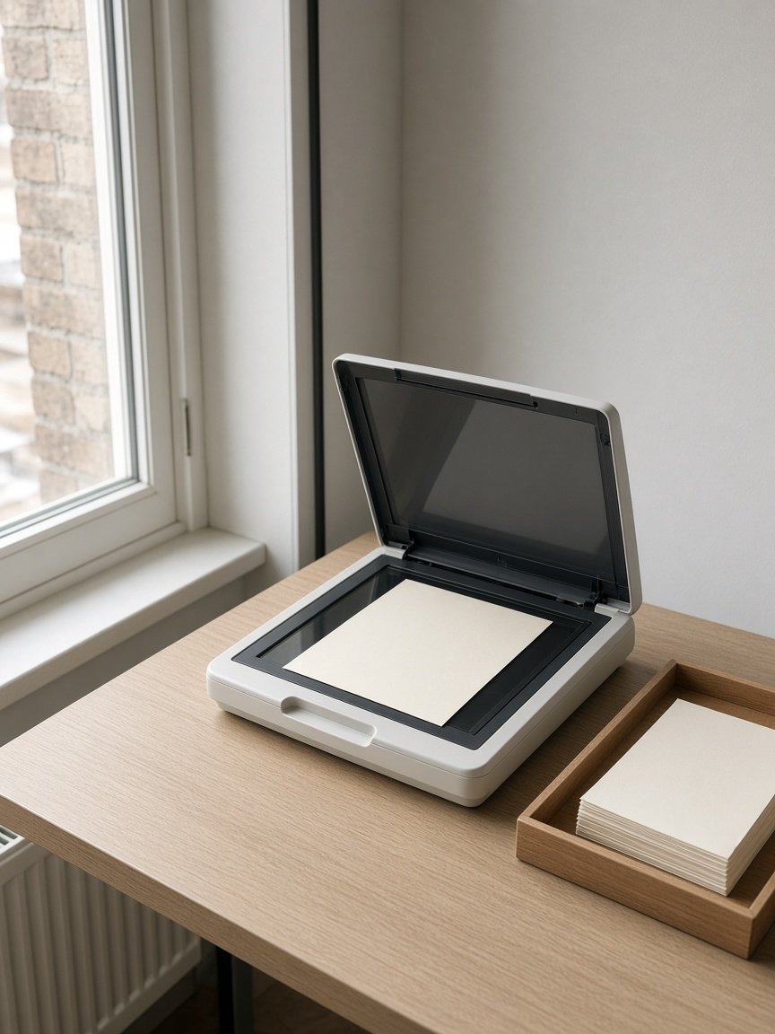 Scanner ouvert sur un bureau, feuille blanche prête à numériser.